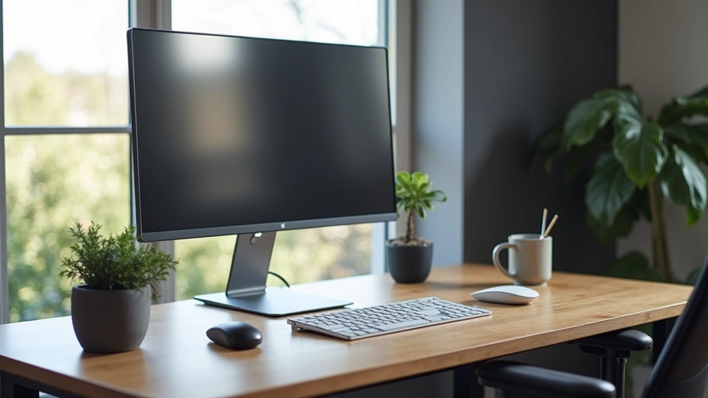 Minimalist tech workspace featuring the portable laptop docked with external monitor, wireless keyboard, and mouse, showing professional productivity setup with natural window lighting