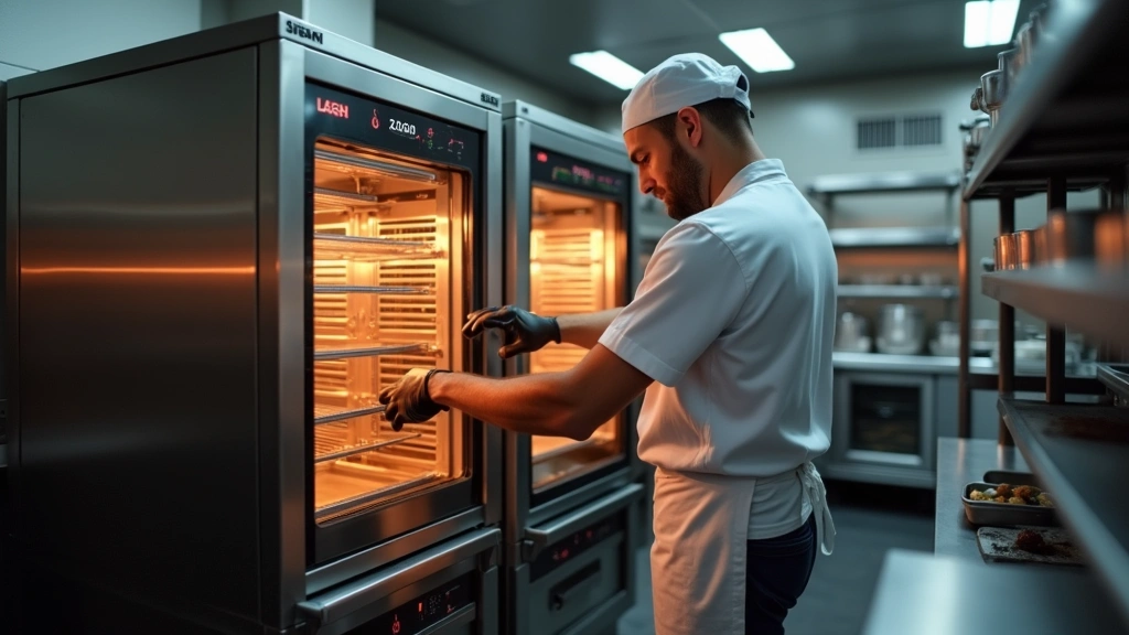 Professional stainless steel commercial Alto Shaam combi oven in modern restaurant kitchen with chef performing maintenance, warm lighting, equipment interior visible, no text or logos