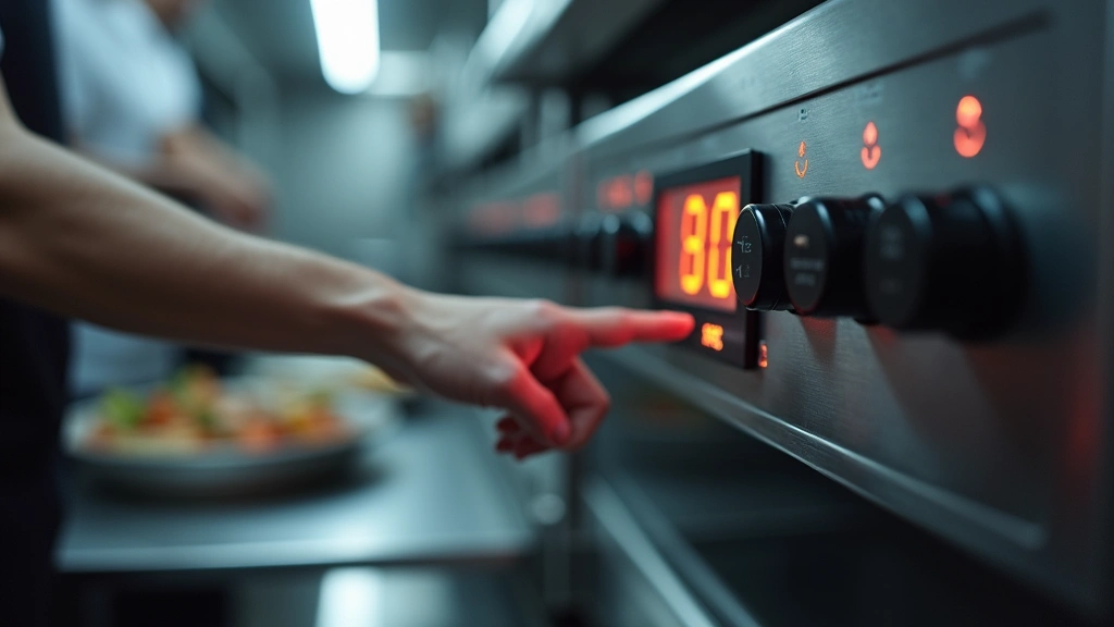 Close-up of commercial kitchen equipment control panel with digital display showing temperature settings and cooking modes, hands adjusting controls, professional environment background blurred