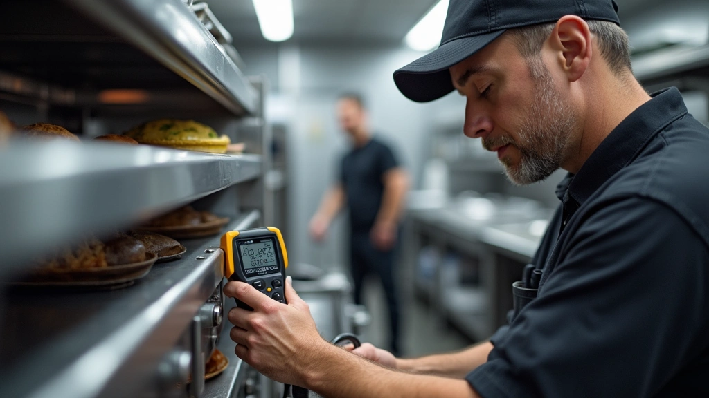 Certified technician performing diagnostic inspection on commercial cooking equipment with specialized testing device, kitchen setting, professional attire, detailed equipment components visible