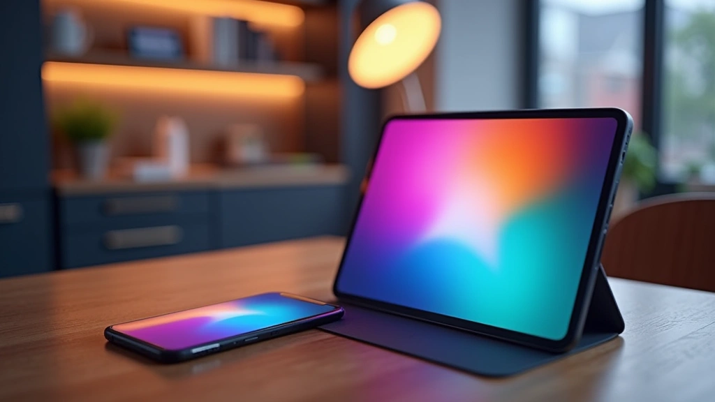 High-end smartphone and tablet displaying vibrant colorful interface screens side-by-side on wooden desk with modern minimalist background, studio lighting, photorealistic