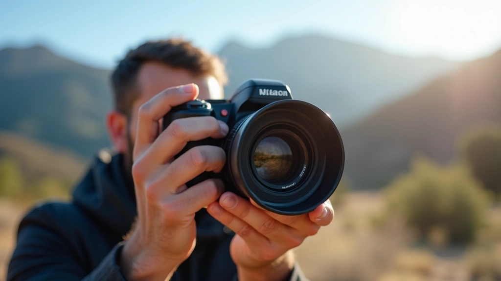 Professional photographer using advanced mirrorless camera in outdoor natural sunlight environment with mountains in background, hands holding camera, action shot, professional setup