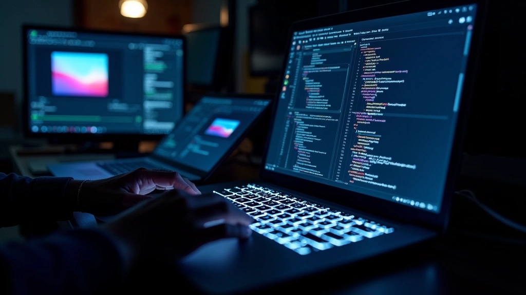 Laptop computer with glowing keyboard in darkened workspace showing multiple windows and applications running, thermal visualization, productivity setup, photorealistic detail