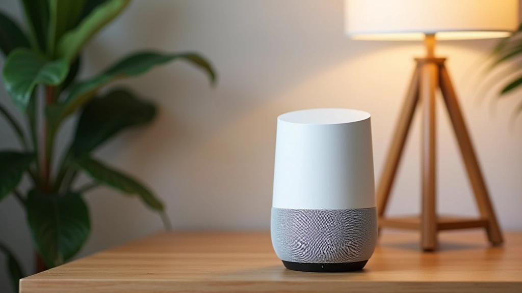 Modern white cylindrical smart speaker with metallic mesh grille sitting on wooden desk beside lamp and houseplant, professional product photography with soft studio lighting