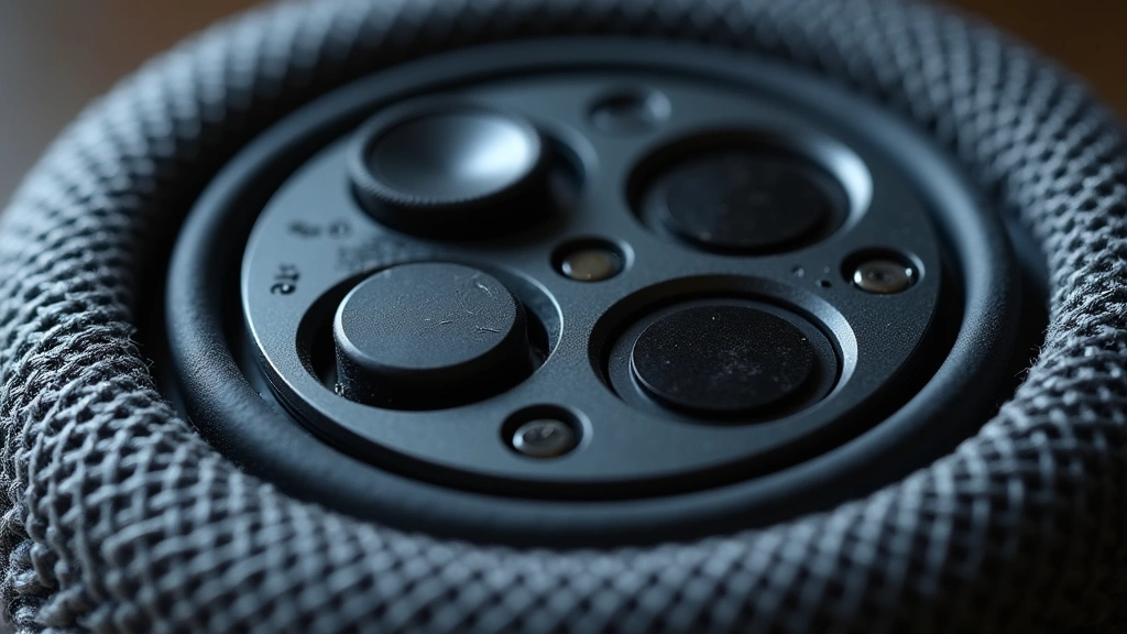 Close-up of smart speaker microphone array and speaker components, technical detail shot showing internal acoustic design, professional product teardown style photography