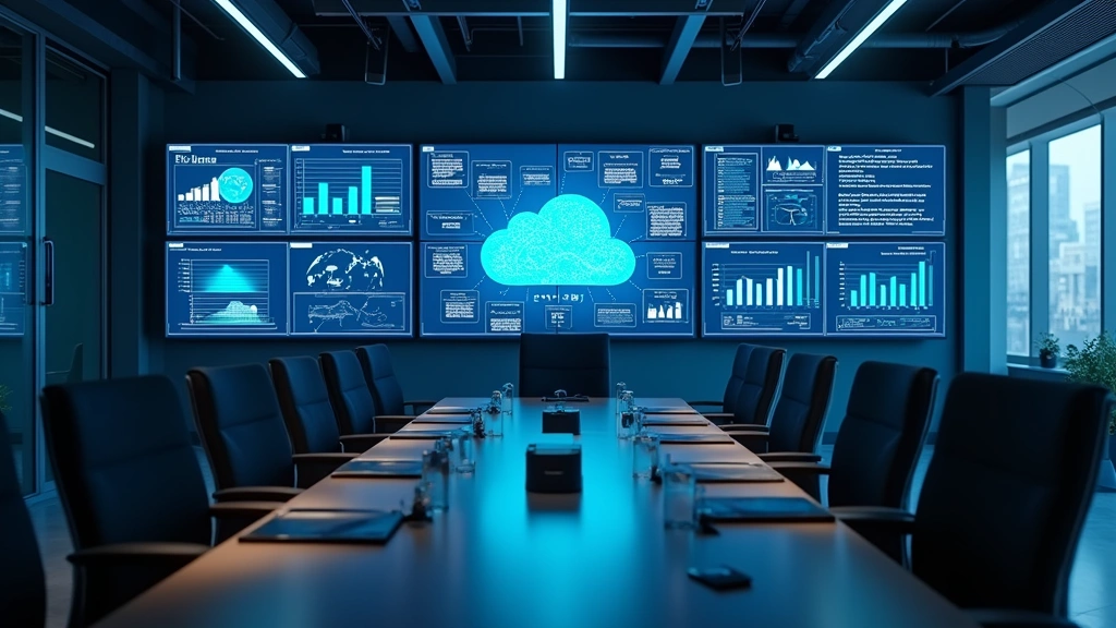Modern corporate office conference room with multiple monitors displaying cloud infrastructure dashboards and analytics, professional business environment, no people visible, soft lighting, tech workspace aesthetic