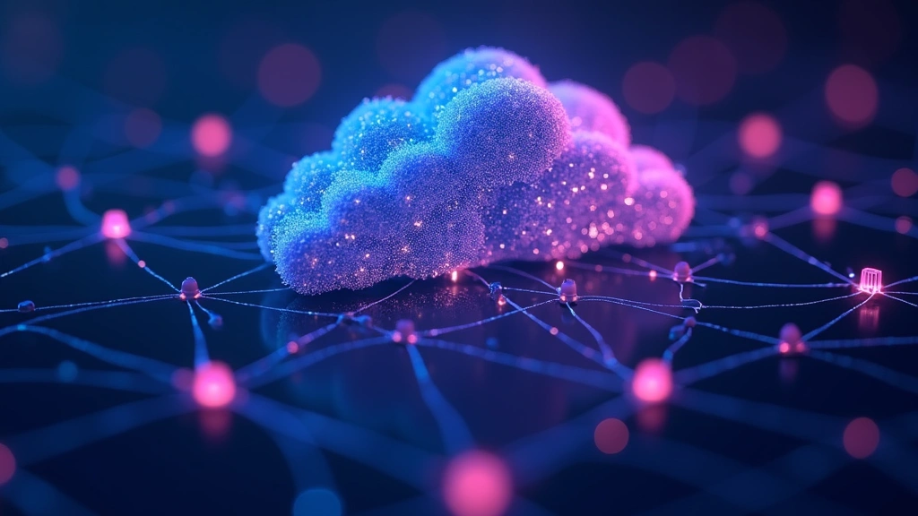 Abstract digital illustration of cloud computing architecture with interconnected nodes, data flow visualization, network connections glowing in blue and purple tones, no text or logos, futuristic tech visualization
