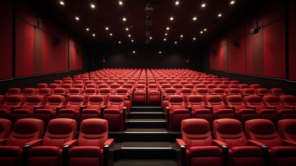 High-end movie theater auditorium interior with reclining leather seats, premium seating, modern cinema architecture, warm lighting ambiance, no people visible, professional theater design