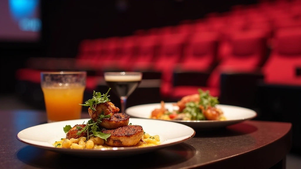 Luxury theater dining setup, gourmet food plated on elegant dishware, craft beverage in glass, upscale concession items, restaurant-quality presentation, cinema seating blurred in background