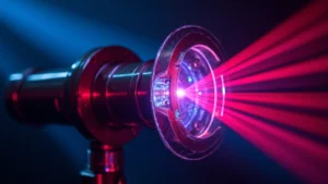 Close-up of advanced laser projector optics showing intricate lens systems and light path engineering in professional theater setting, hyper-detailed mechanical components