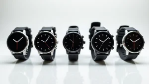 Professional smartwatch collection display showing five different premium watches lined up on white surface with clear details visible