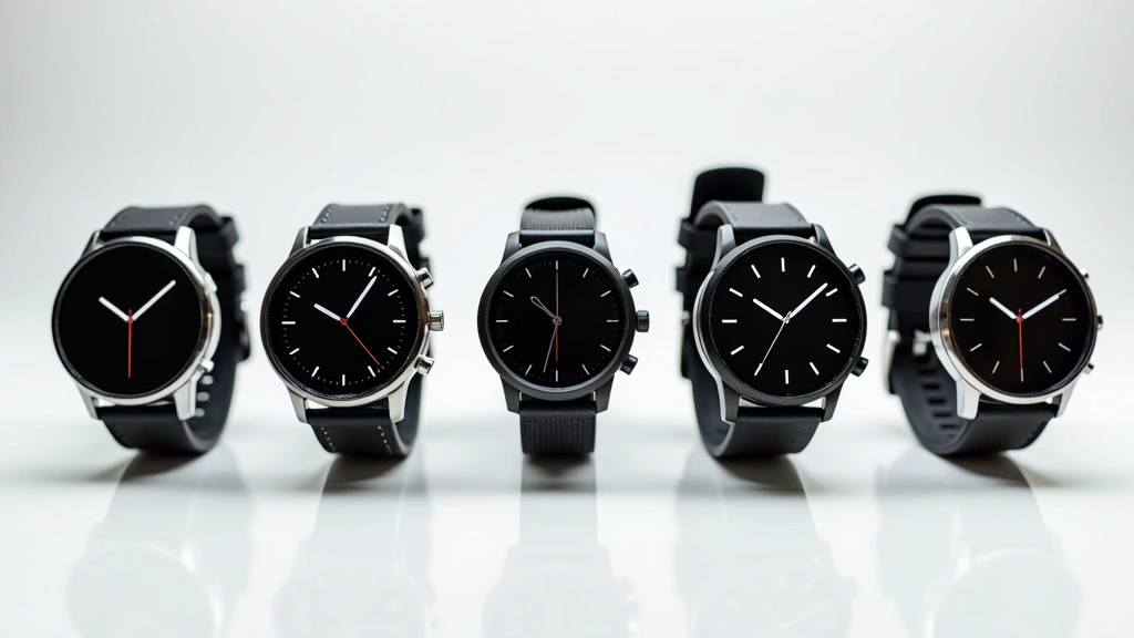 Professional smartwatch collection display showing five different premium watches lined up on white surface with clear details visible