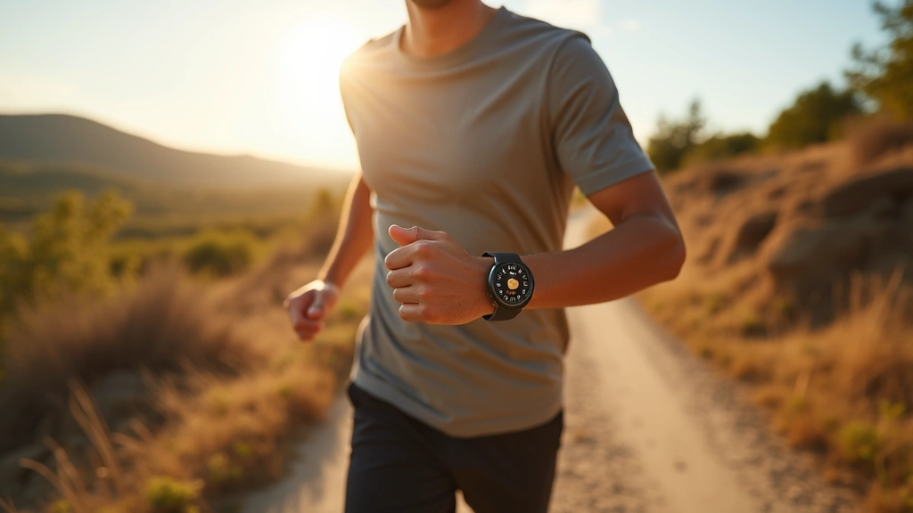 Person wearing premium smartwatch while running outdoors on sunny trail with natural landscape background