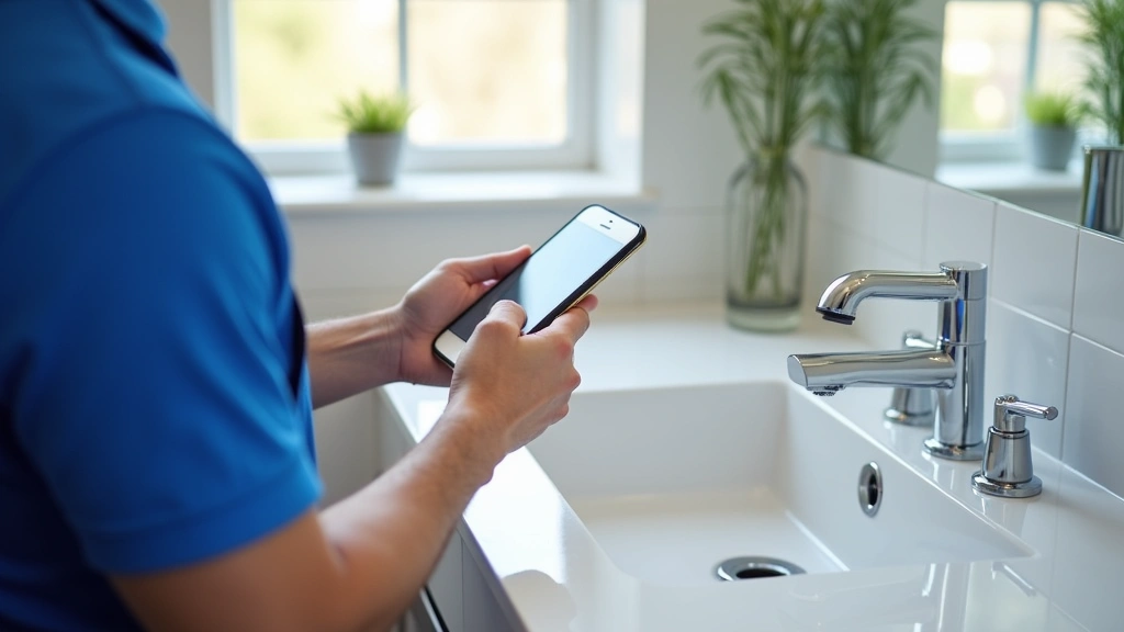 Professional plumber using smartphone to access digital support documentation while working on modern chrome bathroom sink installation in bright residential bathroom