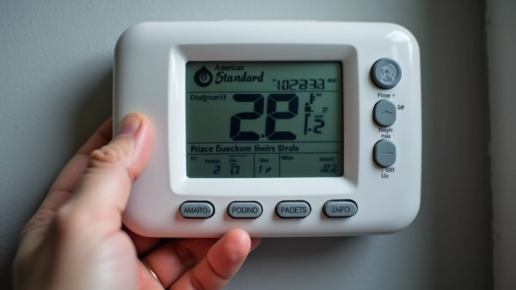 Close-up of HVAC technician's hands holding American Standard thermostat control panel with digital display showing temperature settings and diagnostic information