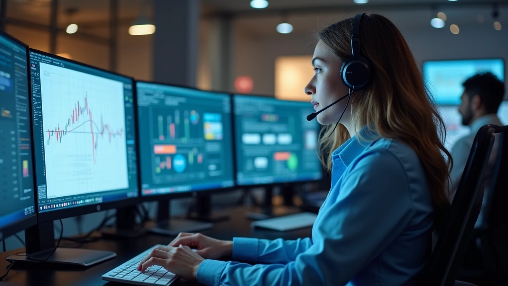 Customer service representative in headset at modern tech support center with multiple monitors displaying product diagrams and troubleshooting flowcharts