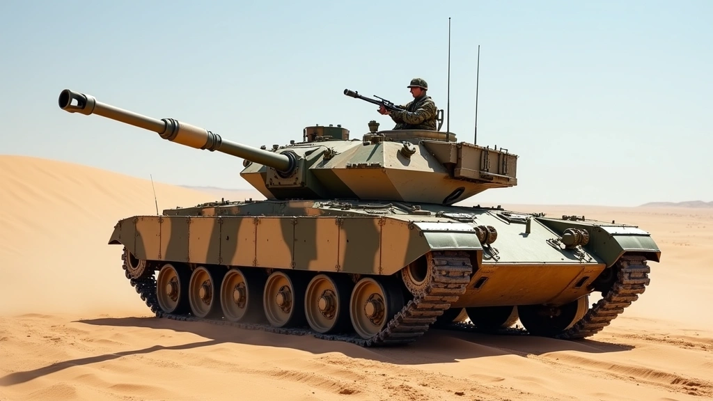 M48 Patton main battle tank on desert terrain, turret detail, realistic camouflage pattern, side profile view, military authenticity