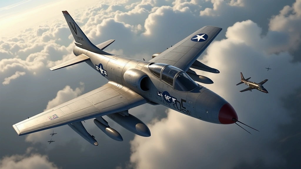War Thunder gameplay screenshot showing American F-86 Sabre jet fighter in aerial combat, dynamic action scene, realistic aircraft modeling