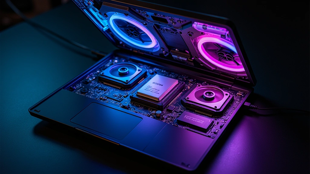 High-performance laptop with RGB lighting and advanced cooling vents, opened to show internal components including processor, RAM modules, and SSD, photographed from above on dark technical background with soft professional lighting