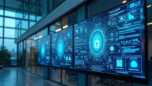 Modern office building with glass exterior and digital security features displayed on screens, showcasing corporate cybersecurity infrastructure and data protection systems, professional photography