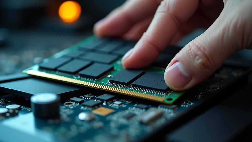 Close-up of laptop RAM module installation with technician's hands using anti-static wrist strap, showing SODIMM slot and motherboard details, bright studio lighting highlighting component details