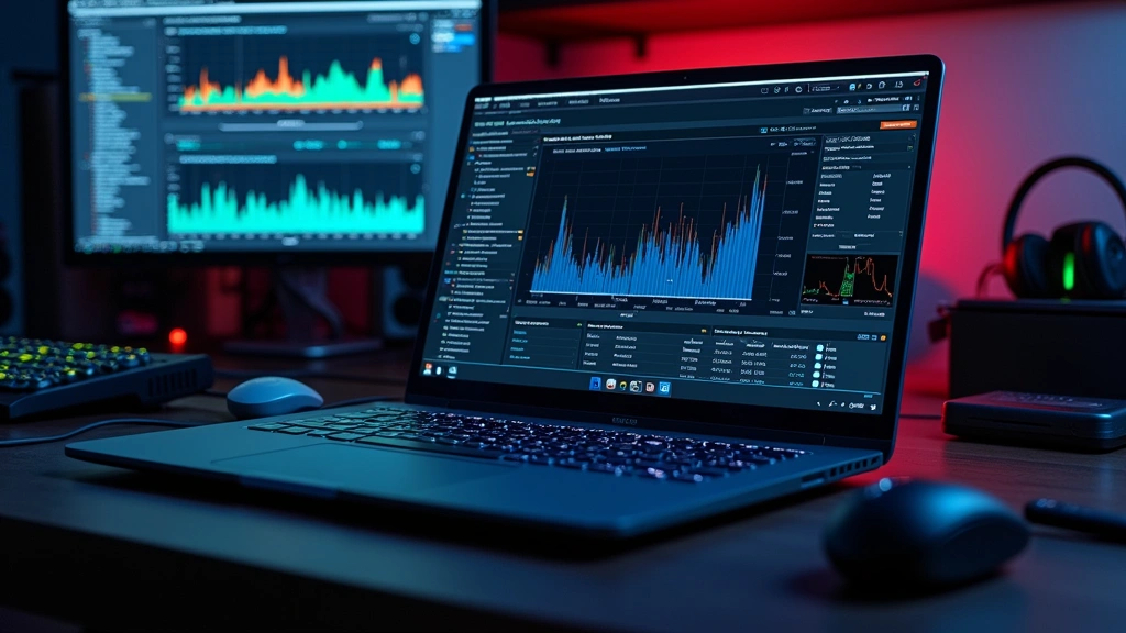 Modern ultrabook laptop displaying system performance metrics on screen, surrounded by performance monitoring equipment, professional photography studio setting with clean technical aesthetic