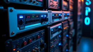 Professional audio amplifier rack-mounted system with multiple units, illuminated blue indicator lights, aluminum chassis, professional studio environment with cables organized in background, photorealistic, no logos visible