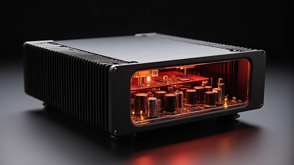 Modern Class D amplifier heatsink design with advanced cooling fins, internal circuit boards visible through transparent side panel, LED power indicators glowing, compact form factor, studio lighting highlighting metallic surfaces