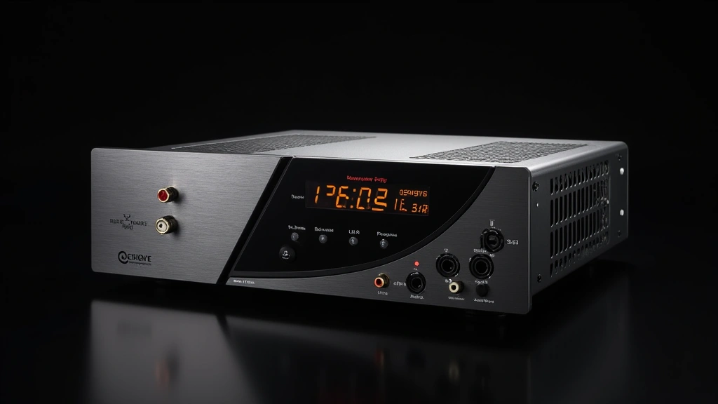 High-end home theater amplifier with multiple input connectors, balanced XLR and RCA ports, illuminated display showing power output levels, premium metallic finish, isolated on dark background with subtle reflection