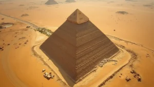 Aerial overhead view of the Great Pyramid of Giza with precise geometric shadows, showing limestone blocks and desert landscape