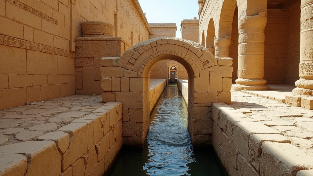 Ancient Egyptian nilometer stone structure with graduated measurement scales visible, water flowing through ancient canal system