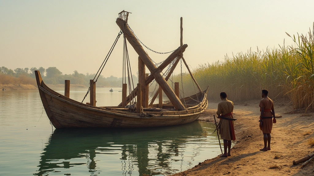 Wooden shaduf water-lifting device beside Nile River, farmers operating lever mechanism, papyrus plants in background