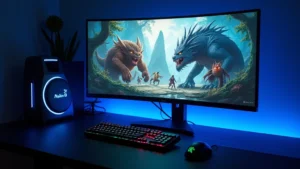 Professional gaming setup with high-end monitor displaying fantasy creature collection game, mechanical keyboard, and gaming mouse on desk, cool blue RGB lighting