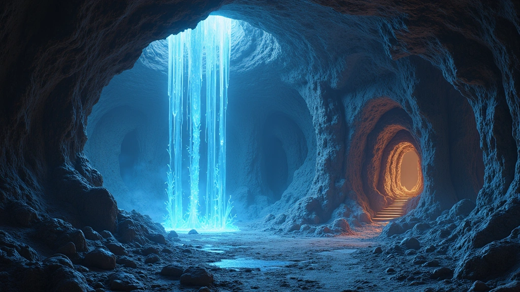 Underground cavern environment with glowing crystalline formations and ancient stone architecture, photorealistic fantasy game environment with dynamic lighting effects