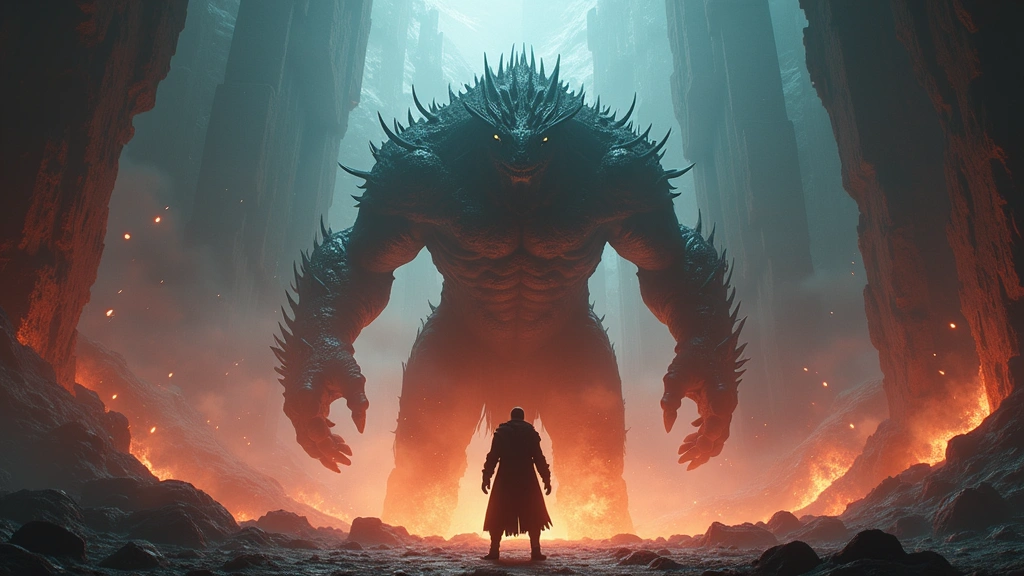 Player character standing before massive fantasy boss creature in epic battle arena, dramatic lighting with magical effects and particle animations, cinematic game screenshot quality