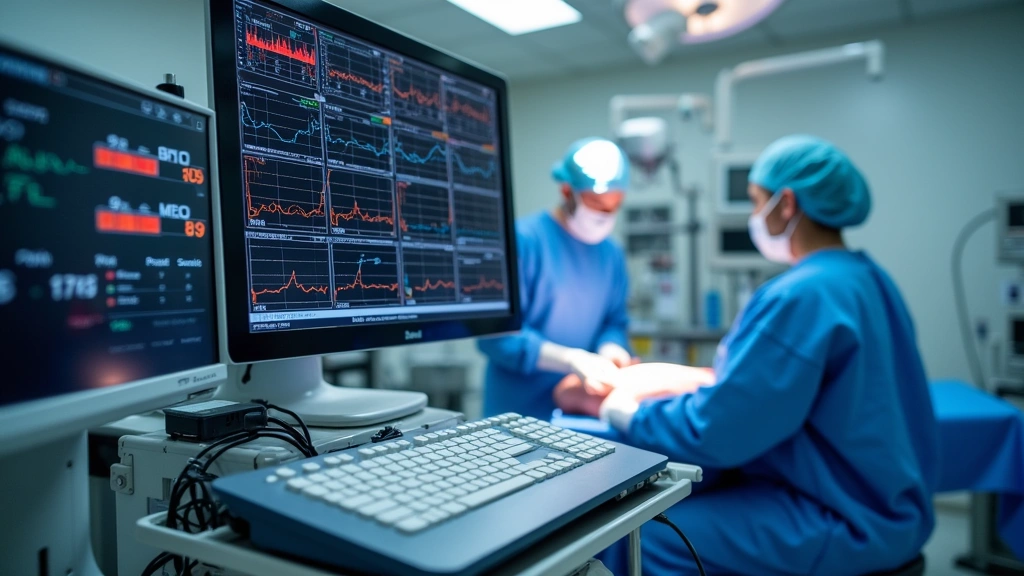 Modern anesthesia workstation with integrated monitors displaying vital signs, oxygen saturation, and anesthetic agent concentrations on touchscreen interface, professional operating room setting, medical equipment photography