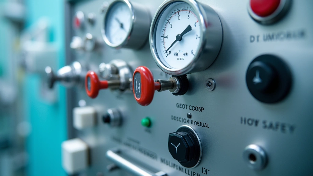 Close-up of anesthesia equipment control panel showing flowmeters, oxygen pressure gauge, and safety switches, precise mechanical components with clear labeling, professional medical device photography