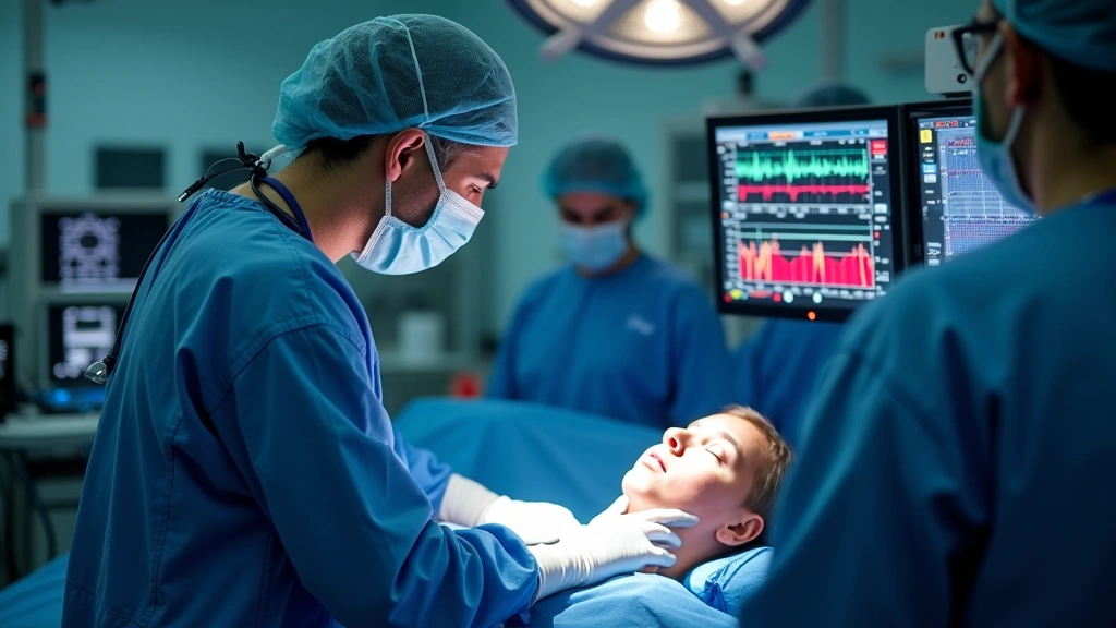Anesthesiologist monitoring patient during surgery with real-time data visualization on multiple screens, vital signs graphs, and alarm indicators visible, modern healthcare technology in clinical setting