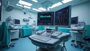 Professional anesthesia workstation with integrated monitors and ventilator in modern operating room, showing touchscreen display and gas delivery system, photorealistic medical equipment