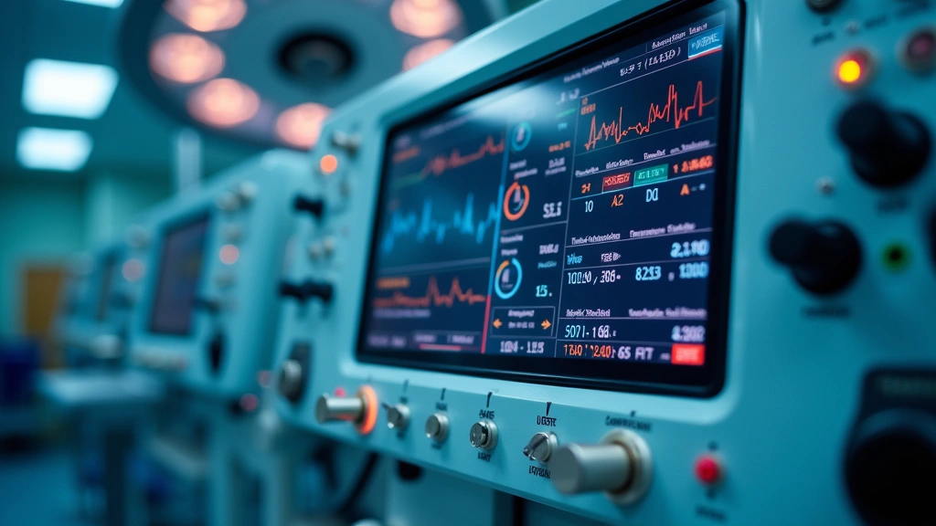 Close-up of anesthesia delivery system control panel with digital displays showing gas mixtures and patient monitoring data, modern operating room equipment