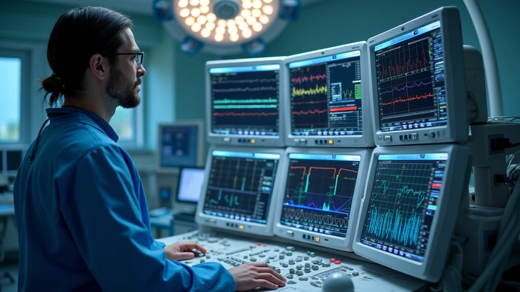 Anesthesia technologist examining and maintaining complex monitoring equipment with integrated screens displaying vital signs and anesthesia parameters