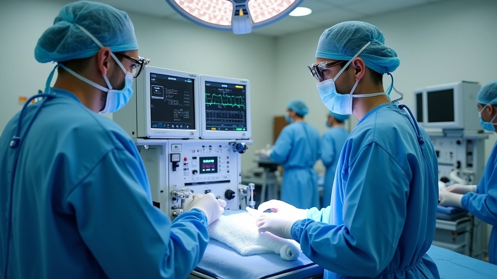 Professional anesthesia technician in blue surgical scrubs operating a modern anesthesia machine with multiple monitors displaying patient vital signs in a bright, sterile operating room environment