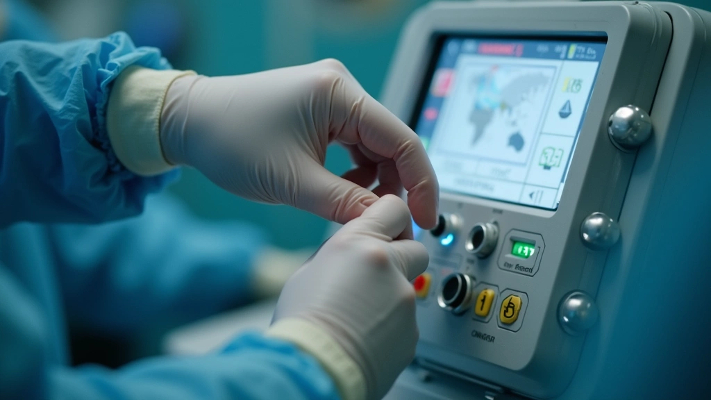 Close-up of hands adjusting anesthesia equipment controls and dials, showing precise technical manipulation of sophisticated medical apparatus with gloved hands