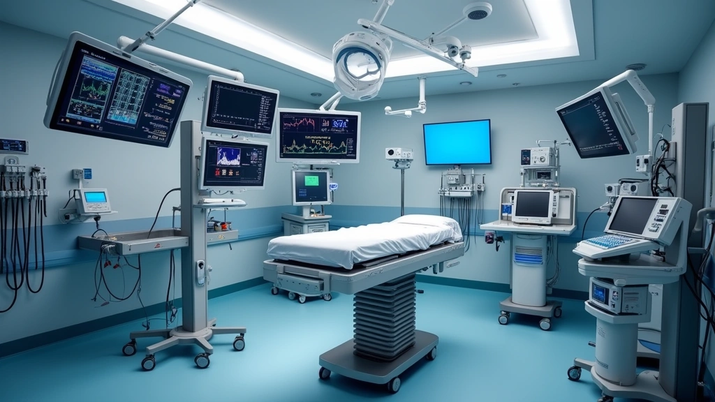 Operating room setup showing integrated anesthesia workstation with multiple monitors, ventilator systems, and patient safety equipment in contemporary hospital