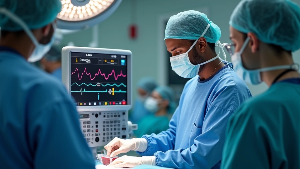 Diverse healthcare team in operating room with anesthesia technologist monitoring patient vital signs on advanced cardiac monitor during surgical procedure