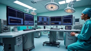 Professional anesthesia workstation in modern operating room with integrated monitors displaying vital signs and waveforms, surgical lighting overhead, stainless steel equipment