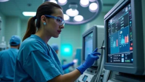 Professional anesthesia technician calibrating advanced anesthesia machine in modern operating room, checking digital displays and connections, wearing medical scrubs and safety glasses, focused expression
