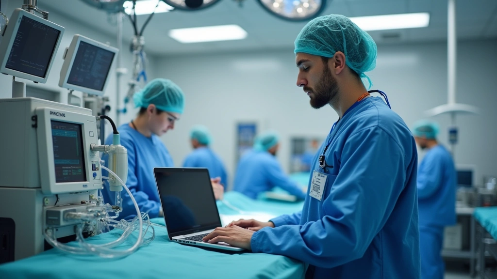 Hospital biomedical equipment technician performing maintenance on anesthesia delivery system with laptop and diagnostic tools, modern surgical center background, professional medical environment