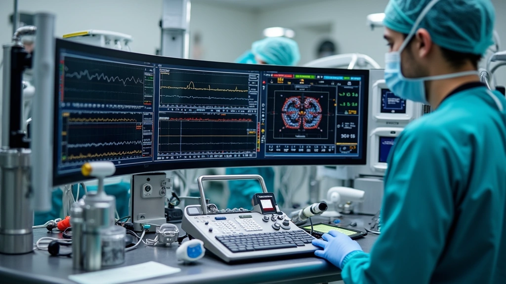 Professional anesthesia workstation console with integrated monitor displays showing vital signs, waveforms, and gas measurements in modern operating room setting with stainless steel equipment