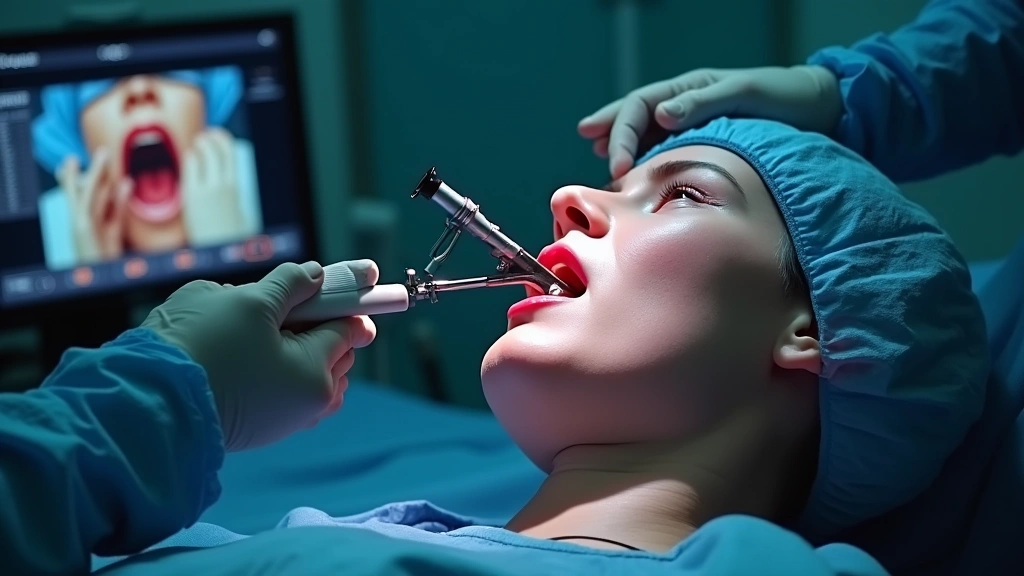 High-definition video laryngoscope with illuminated blade and monitor screen displaying vocal cord anatomy during airway intubation procedure with medical gloved hands
